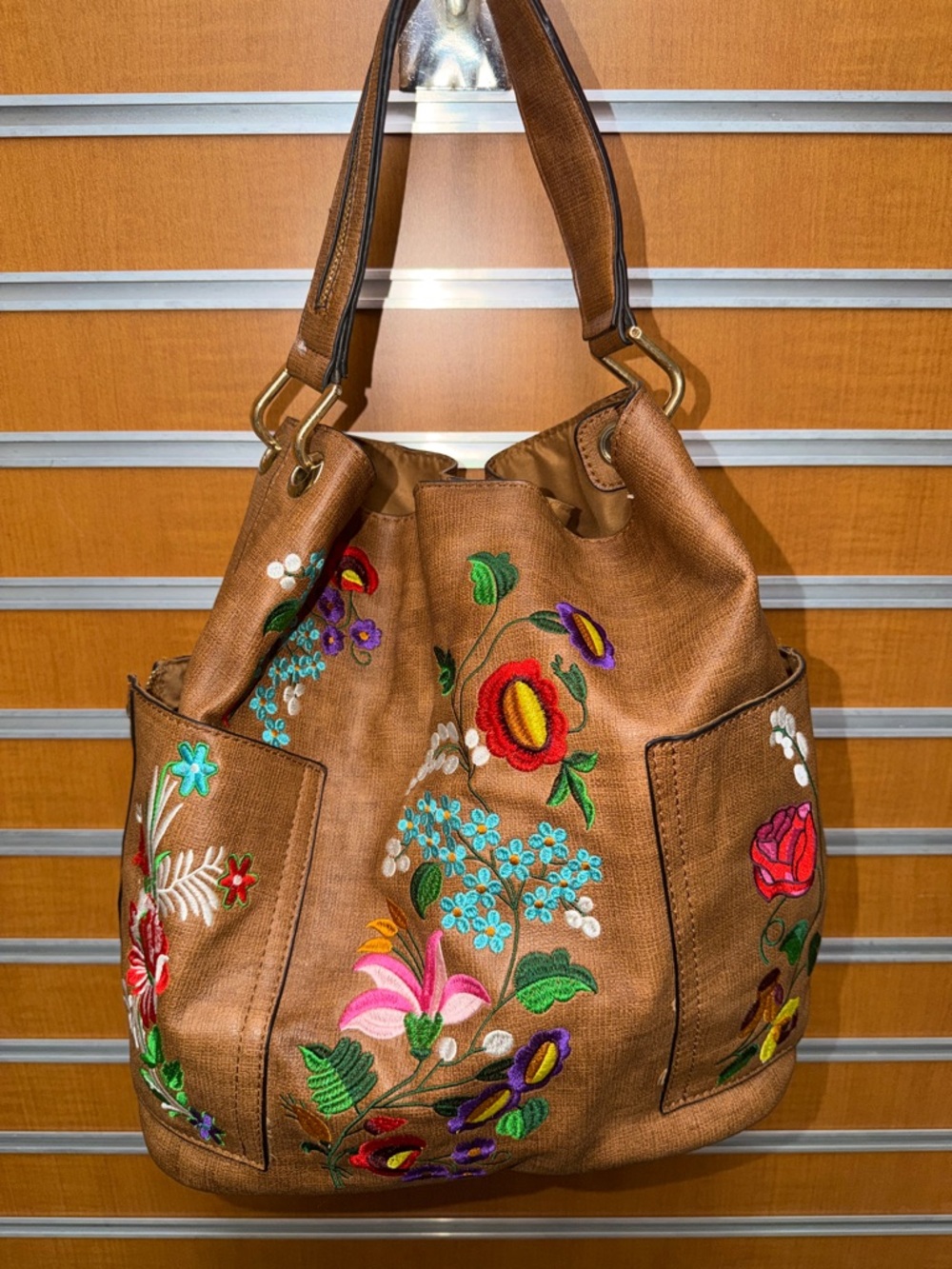 Embroidered Floral Tan Women’s Shoulder Bag